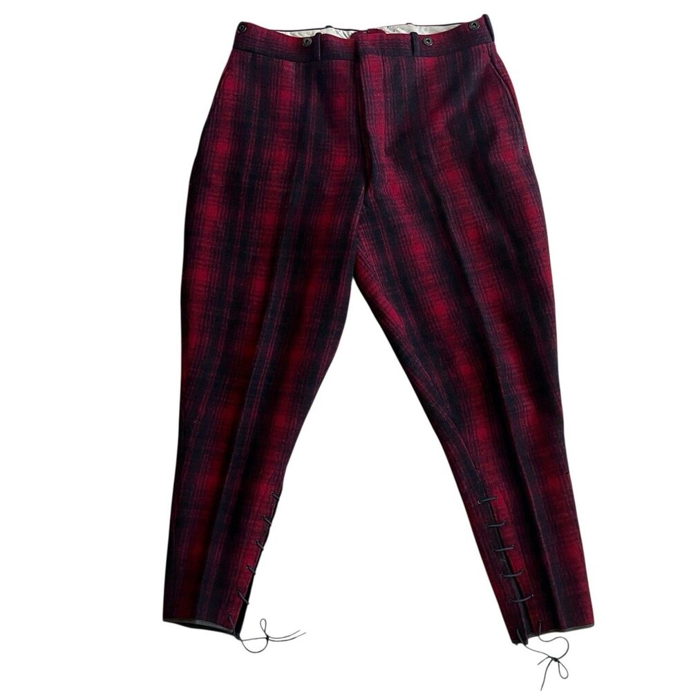 Vintage 1930s Woolrich Hunting Pants 36”x28” Wool Buffalo Plaid Red Ankle Laces